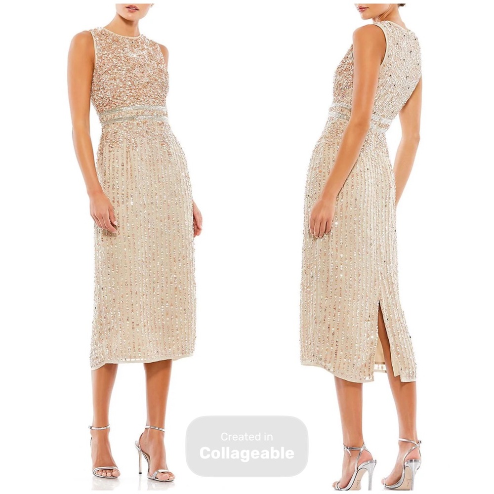 Mac Duggal Nude Sequin Midi Sheath Dress Size 8 New With Tags